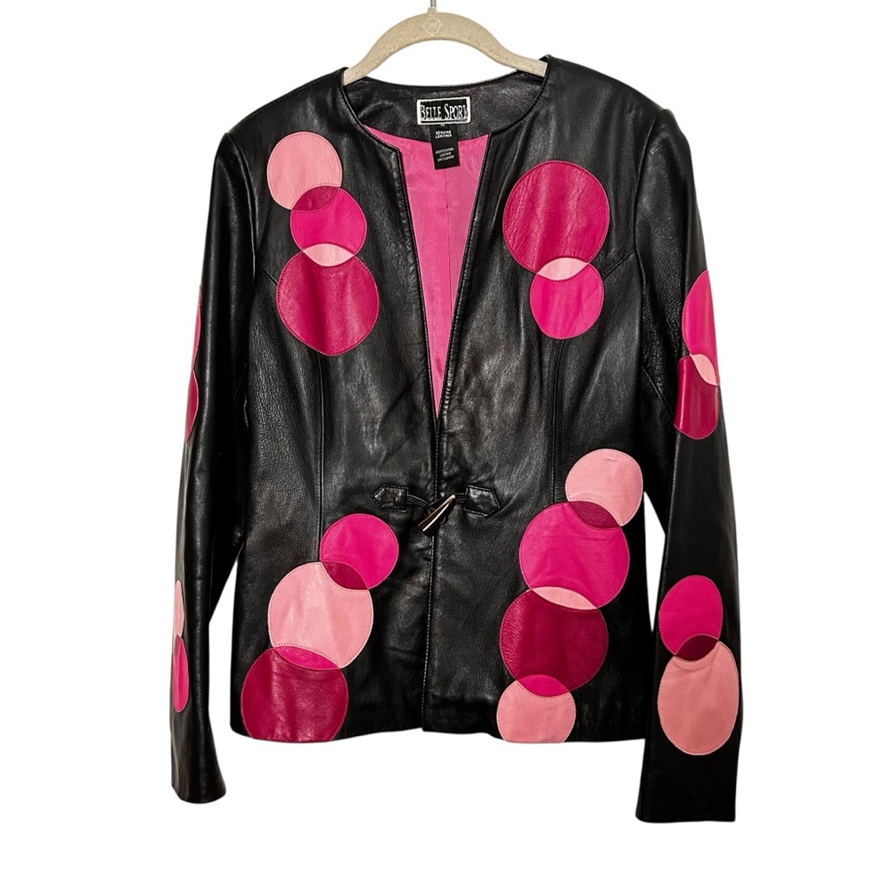 Belle Sport Genuine Leather Appliqué Jacket Size Medium Black Pink Vintage
